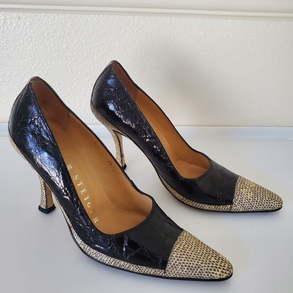 Walter Steiger Pumps Black Beige Snake 6.5 B Excellent Pre-owned Condition